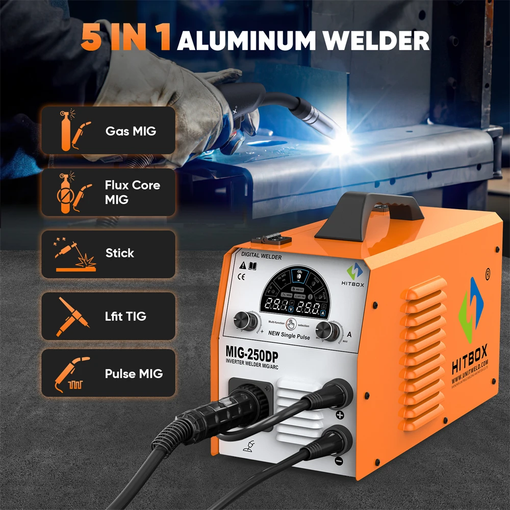 HITBOX MIG Inverter Welder 5 in 1 MMA/Gasless/Gas MIG/Lift TIG/Single Pulse Synergic Control MIG250DP Aluminum Welding Machine