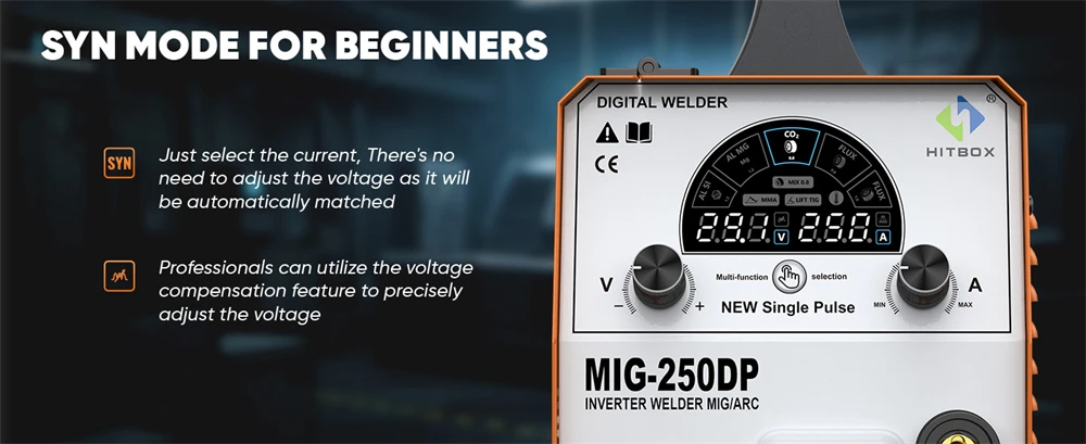 HITBOX MIG Inverter Welder 5 in 1 MMA/Gasless/Gas MIG/Lift TIG/Single Pulse Synergic Control MIG250DP Aluminum Welding Machine