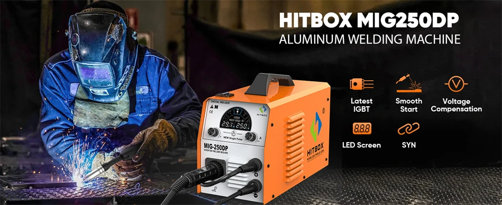 HITBOX MIG Inverter Welder 5 in 1 MMA/Gasless/Gas MIG/Lift TIG/Single Pulse Synergic Control MIG250DP Aluminum Welding Machine