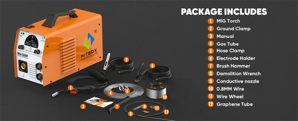 HITBOX MIG Inverter Welder 5 in 1 MMA/Gasless/Gas MIG/Lift TIG/Single Pulse Synergic Control MIG250DP Aluminum Welding Machine