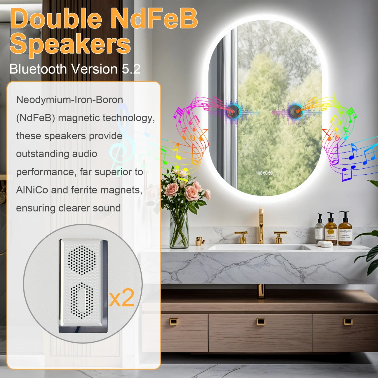 60x90cm Oval LED Bluetooth Bathroom Mirror Antifog Dimmable Lighted Makeup Mirrors for Bathroom Wall