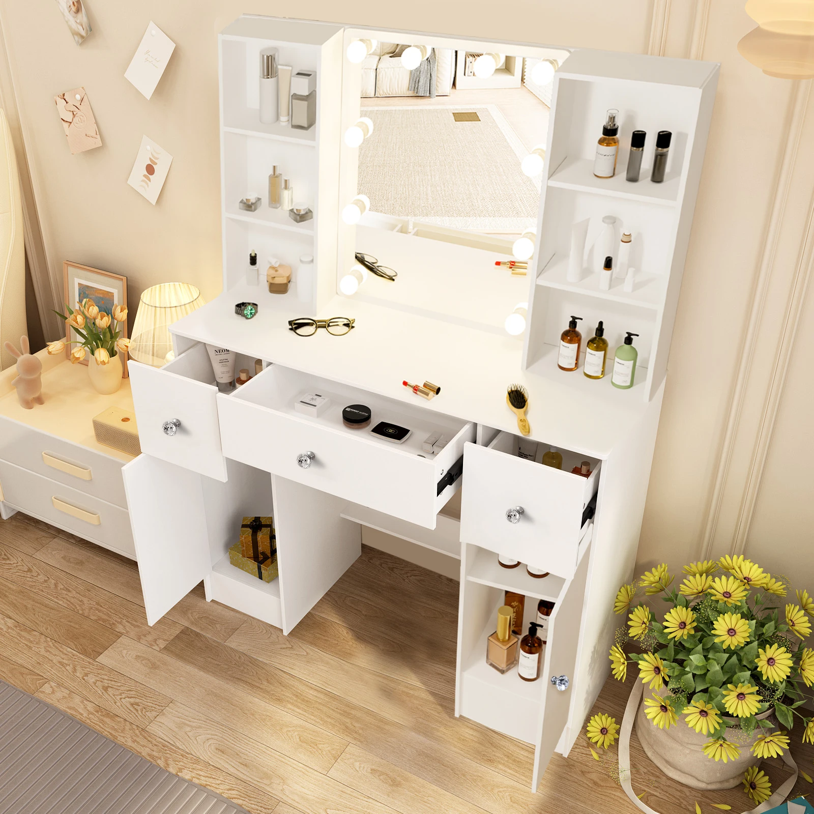 Teousev White Modern Smart LED Vanity Set with Lighted Mirror, 3 Drawers & Stool, 3 Color Dimmable & Easy Assembly Makeup Desk