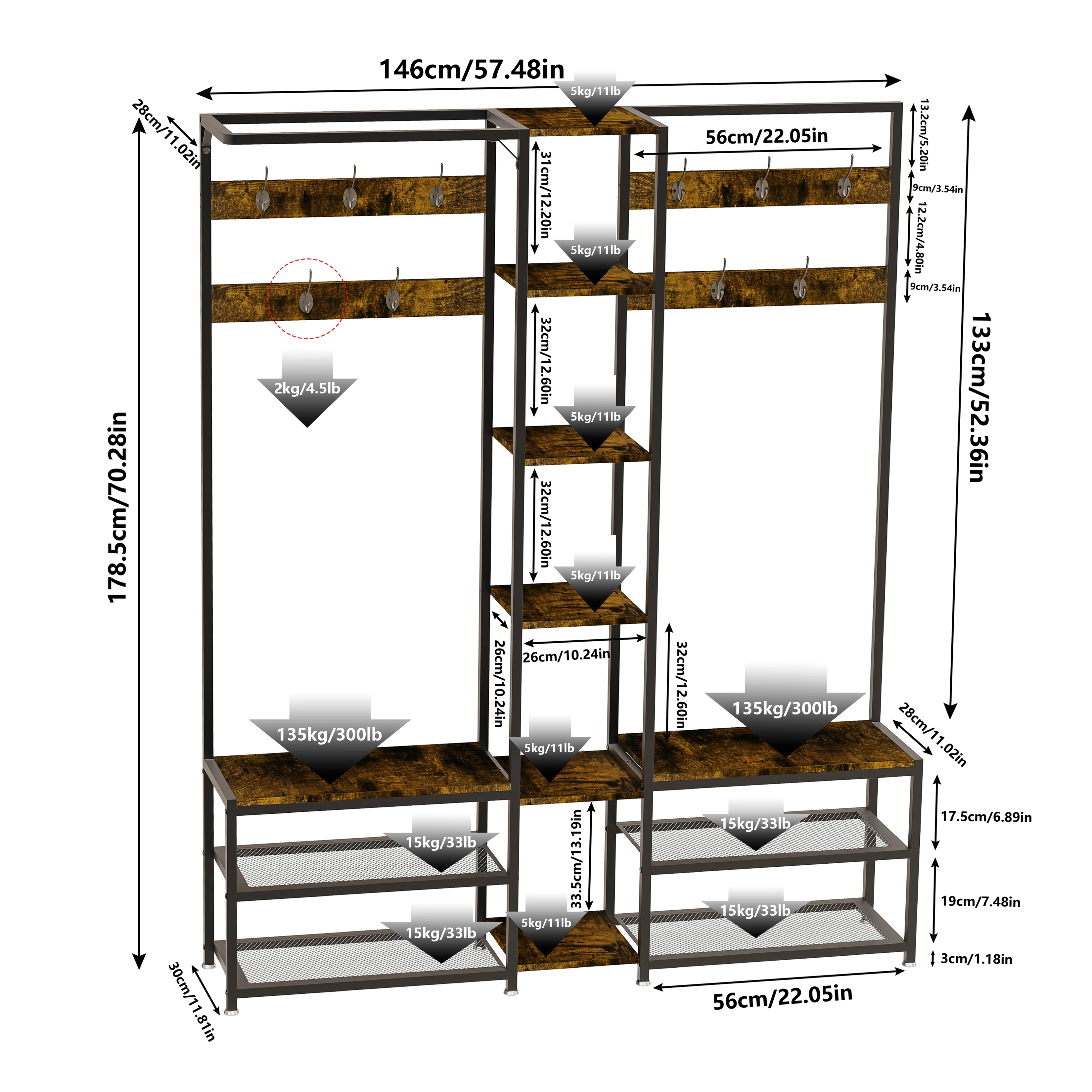 178cm Tall Hall Tree with Shoe Rack Bench and 10 Hooks Entryway Coat Rack Shoe Storage Organizer for Hallway Bedroom