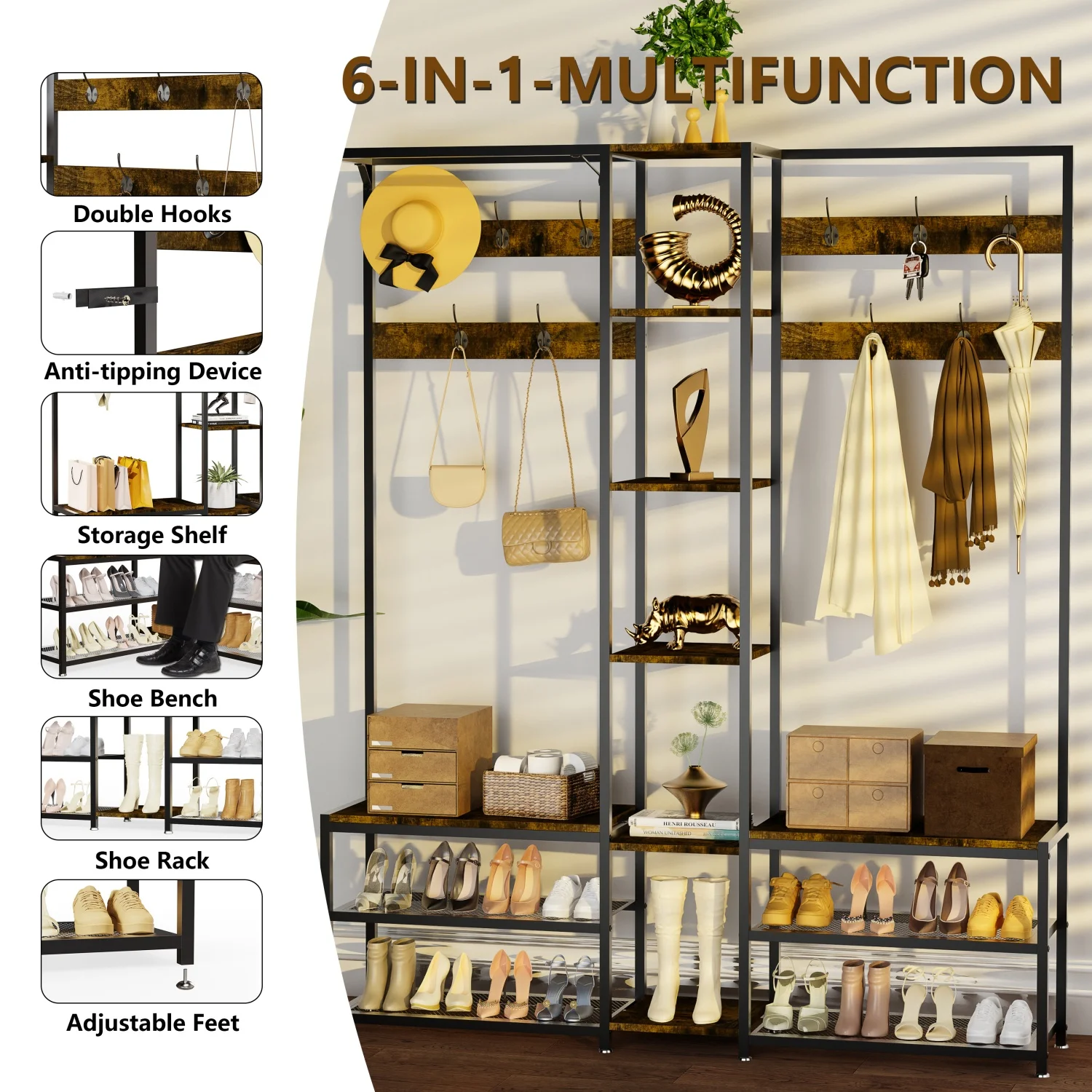 178cm Tall Hall Tree with Shoe Rack Bench and 10 Hooks Entryway Coat Rack Shoe Storage Organizer for Hallway Bedroom