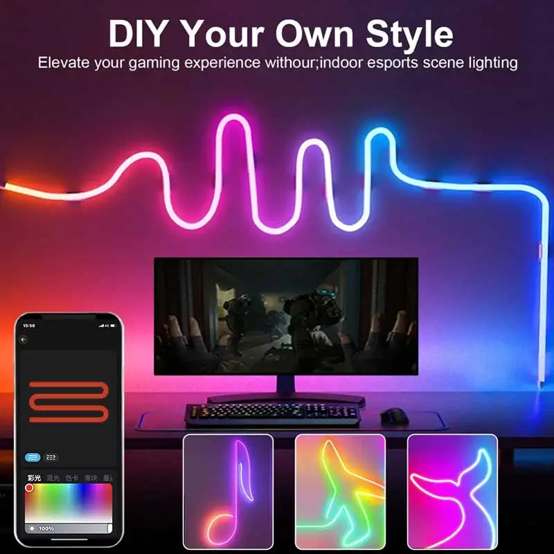 Neon Strip Light Bluetooth Neon Led Strip Lights Smart 1M 2M 3M 5M Waterproof RGBIC Flex Ribbon Led Tape Music Sync
