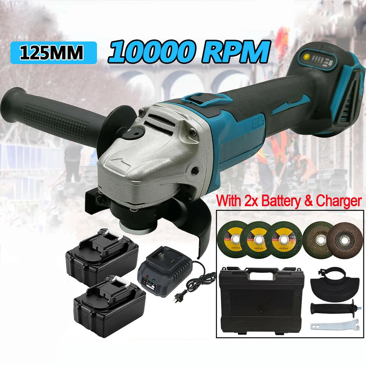 Brushless Cordless Angle Grinder With 2x Li-ion Battery Charger 125mm Combo Kit