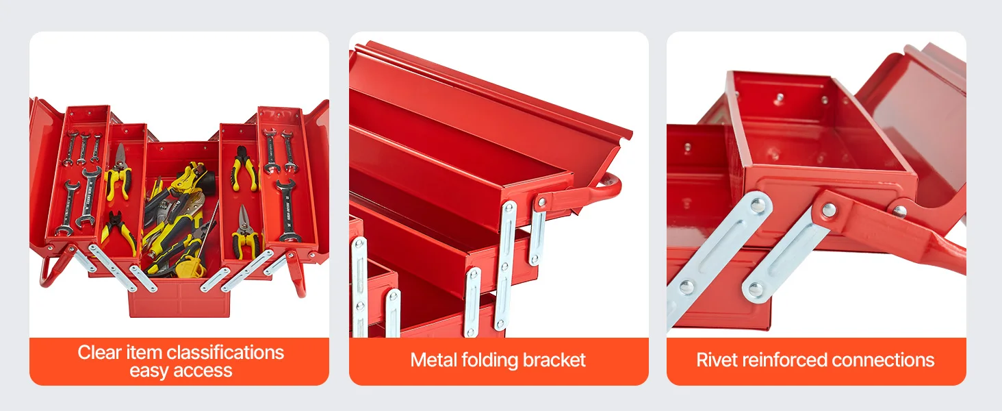 SucceBuy 18 in Metal Tool Box 3-Tier 5-Tray Portable Folding Tool Chest Organizer with Handle Toolbox for Warehouse Repair Shop