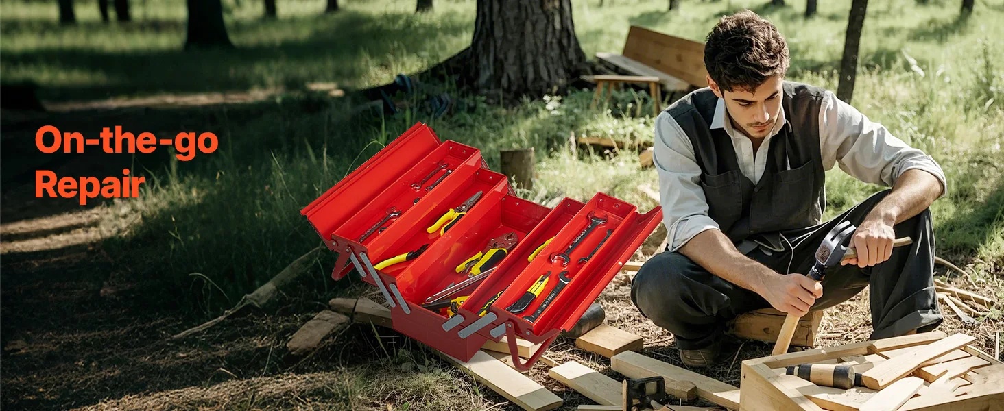 SucceBuy 18 in Metal Tool Box 3-Tier 5-Tray Portable Folding Tool Chest Organizer with Handle Toolbox for Warehouse Repair Shop