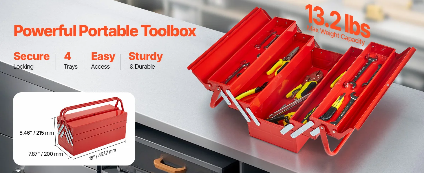 SucceBuy 18 in Metal Tool Box 3-Tier 5-Tray Portable Folding Tool Chest Organizer with Handle Toolbox for Warehouse Repair Shop