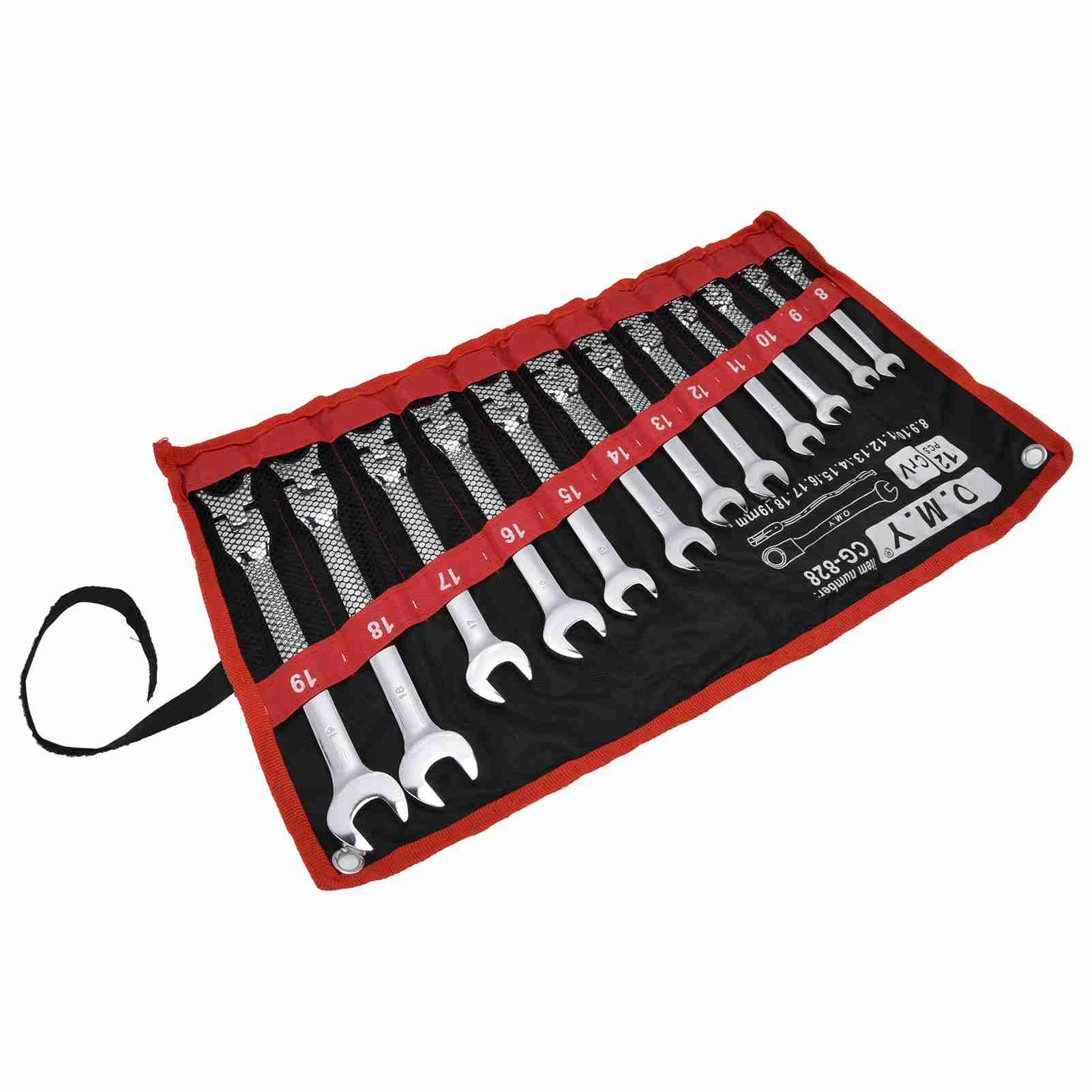 Ratchet Wrench Set Kit Metric Combination Chrome Vanadium Steel 8‑19mm with Storage Bag Ratchet Spanner