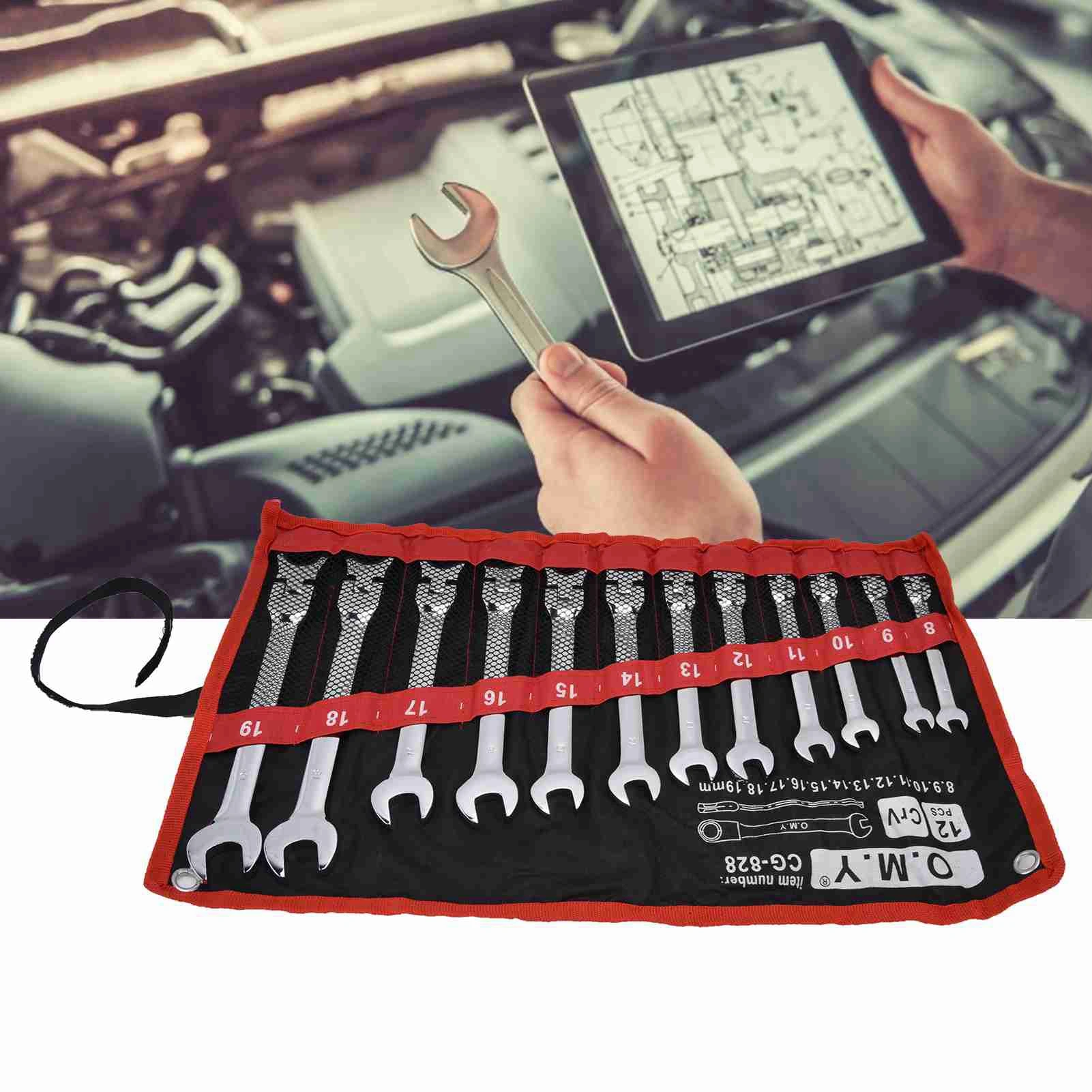 Ratchet Wrench Set Kit Metric Combination Chrome Vanadium Steel 8‑19mm with Storage Bag Ratchet Spanner