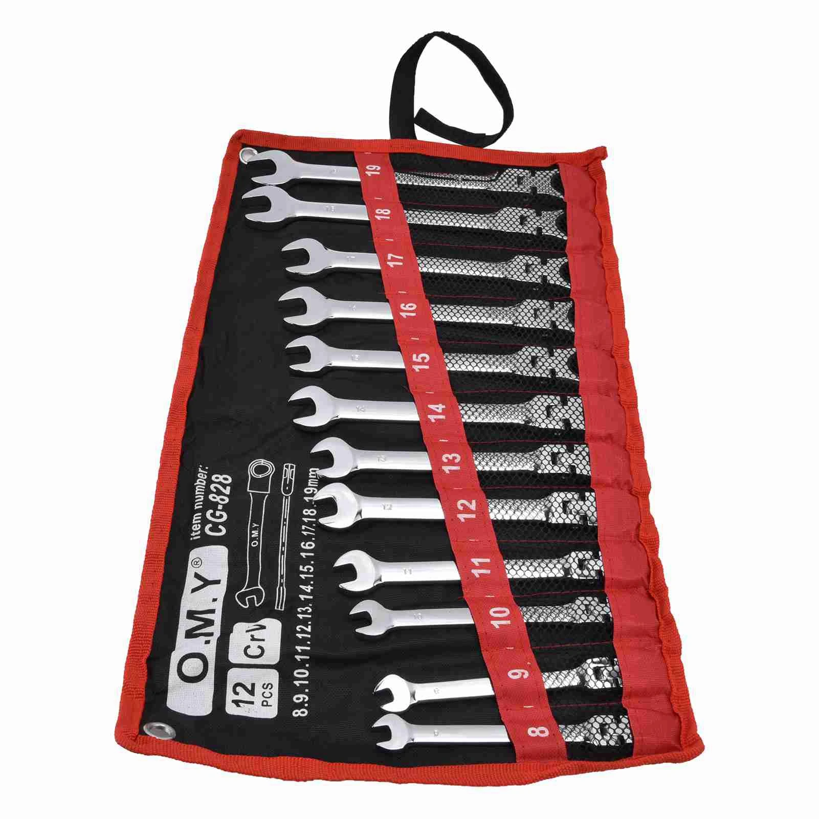 Ratchet Wrench Set Kit Metric Combination Chrome Vanadium Steel 8‑19mm with Storage Bag Ratchet Spanner