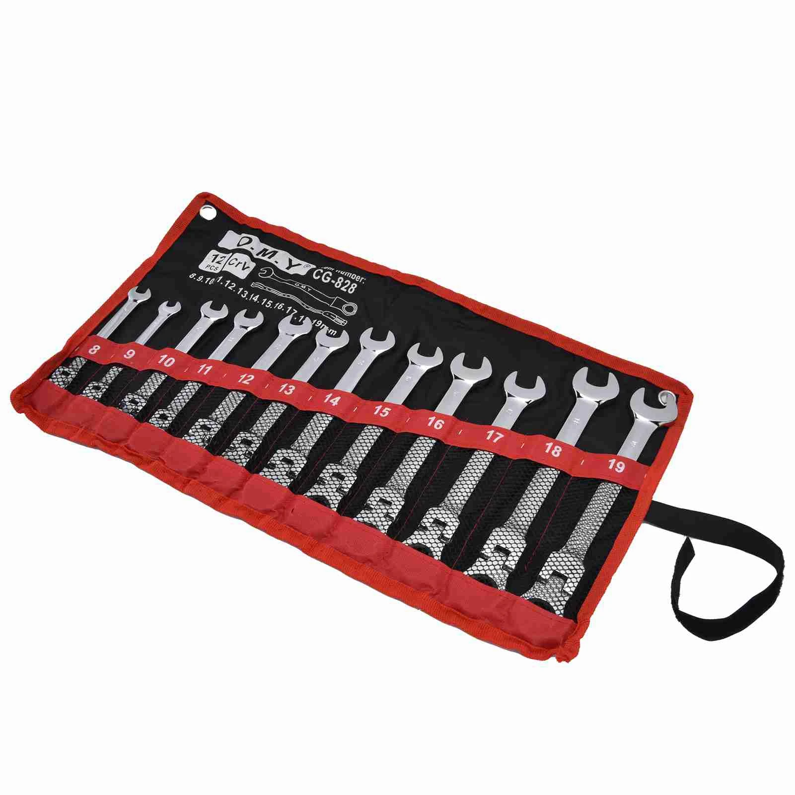 Ratchet Wrench Set Kit Metric Combination Chrome Vanadium Steel 8‑19mm with Storage Bag Ratchet Spanner