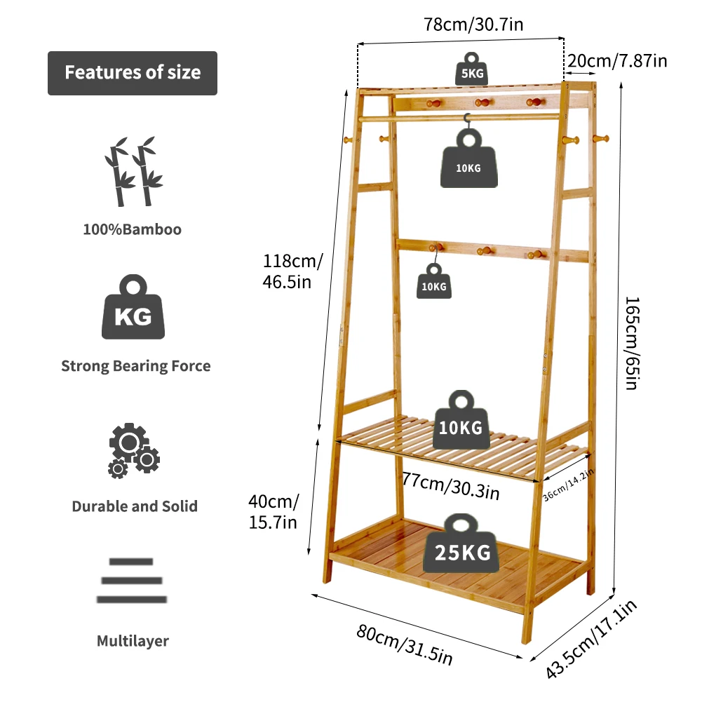 Bamboo Clothes Rail Stand Garment Rack Heavy Duty with 3 Tier Storage Shelves