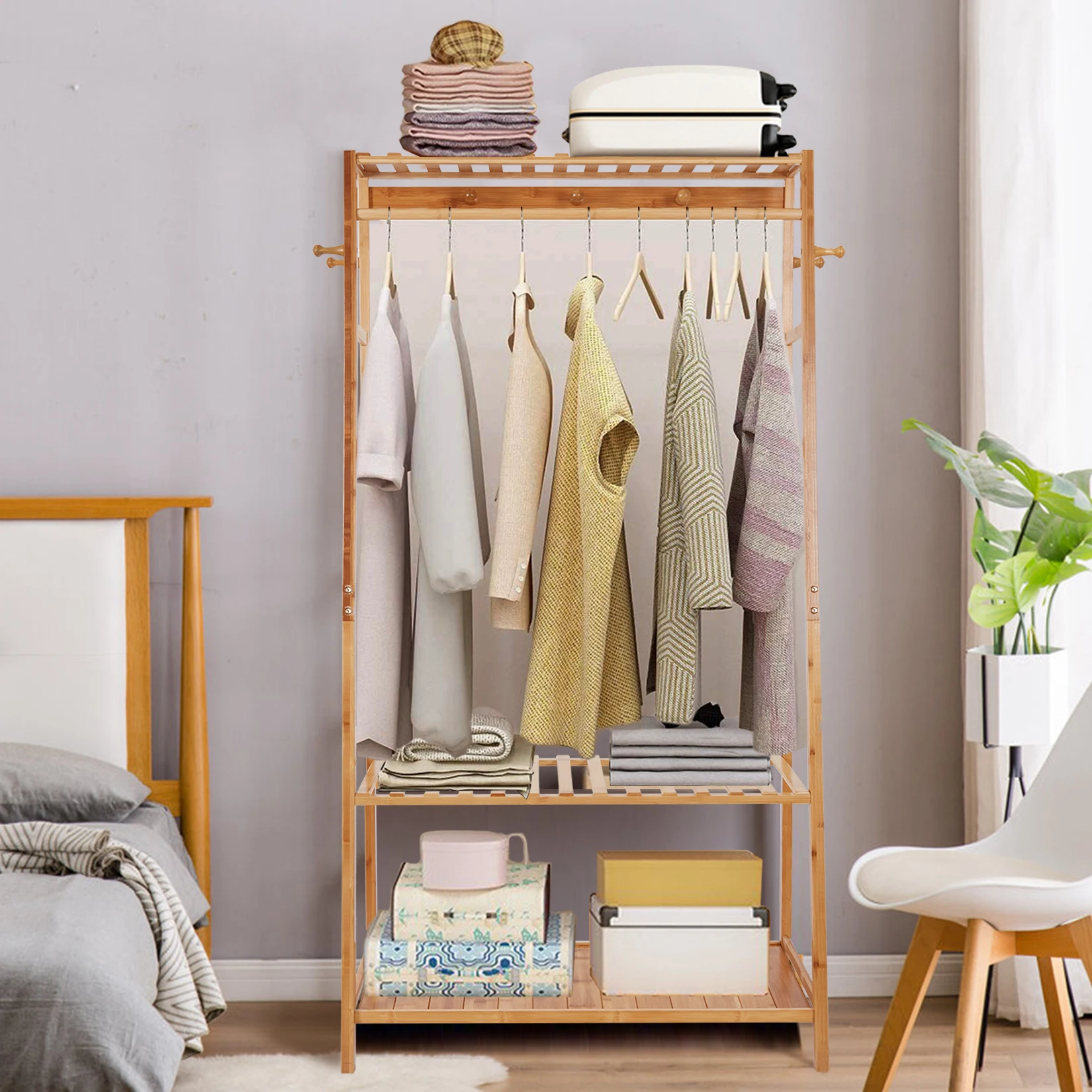 Bamboo Clothes Rail Stand Garment Rack Heavy Duty with 3 Tier Storage Shelves
