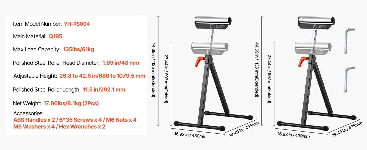SucceBuy Roller Stand 250 lbs/135 lbs LBC Adjustable Height with 11.5in Polished Steel Roller Head Woodworking Extension Support