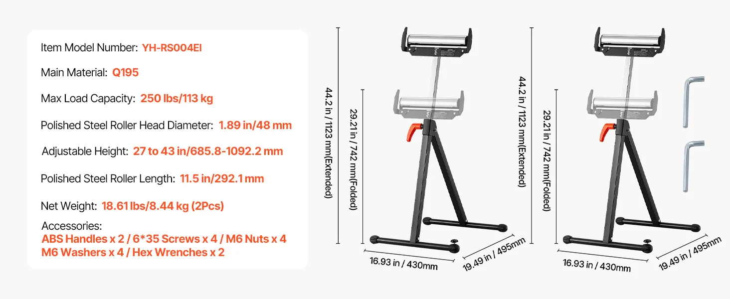 SucceBuy Roller Stand 250 lbs/135 lbs LBC Adjustable Height with 11.5in Polished Steel Roller Head Woodworking Extension Support