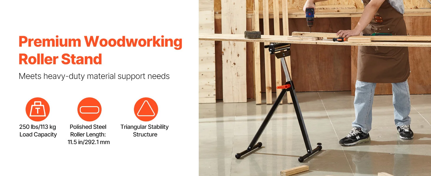 SucceBuy Roller Stand 250 lbs/135 lbs LBC Adjustable Height with 11.5in Polished Steel Roller Head Woodworking Extension Support