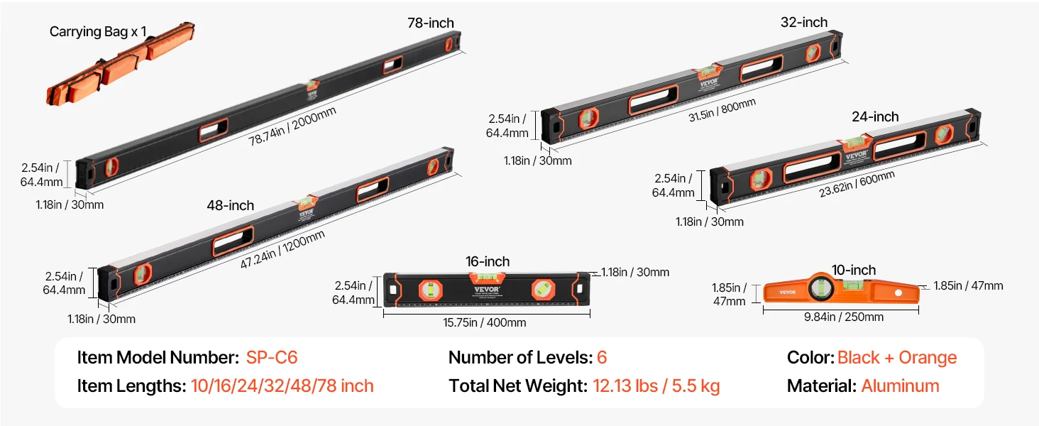 SucceBuy 6Pcs Torpedo Level 78/48/32/24/16/10In Box Levels Set Bubble Vials Ruler to 45/90/180 Degree (Only 10-inch has magnet)