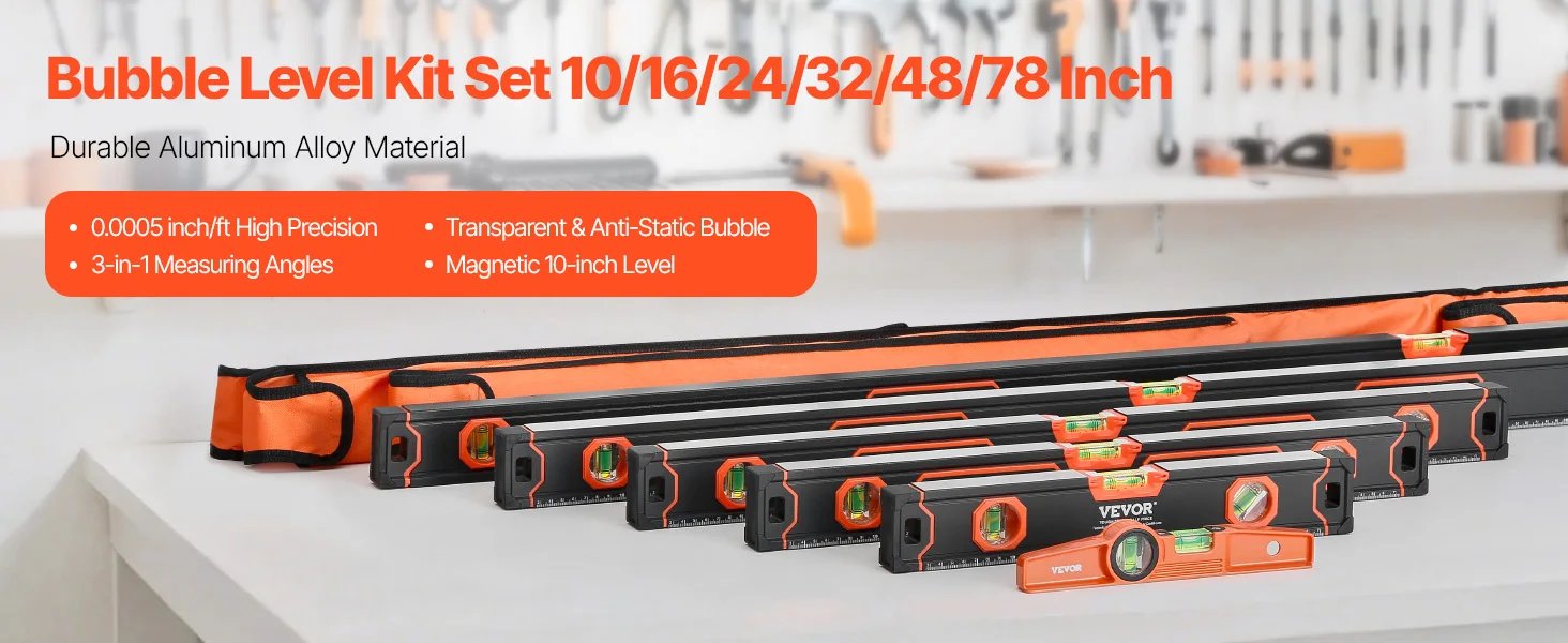 SucceBuy 6Pcs Torpedo Level 78/48/32/24/16/10In Box Levels Set Bubble Vials Ruler to 45/90/180 Degree (Only 10-inch has magnet)