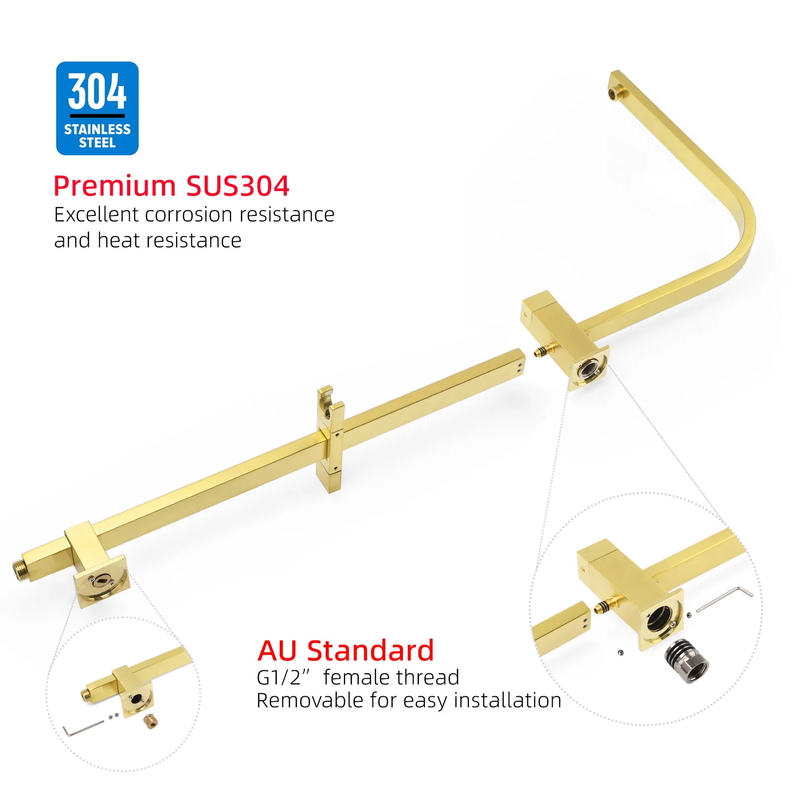 **Sydney Stock** KYLINS Twin Square 2 In 1 Rain Shower Head Set Sliding Rail Wall Arm Diverter Brushed Gold DIY WELS WATERMARK