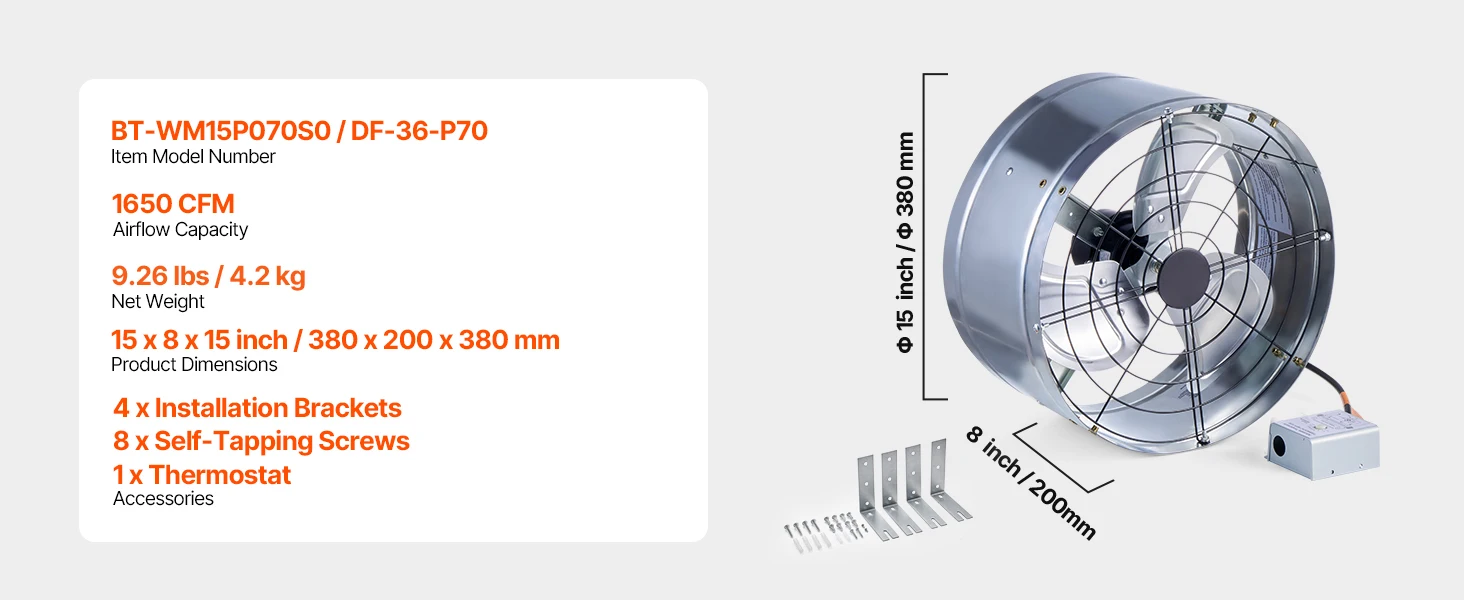 SucceBuy Gable Mount Fan 15 Inch Exhaust Fan w/ Thermostat & Mesh 1650 CFM Cools Up to 2360 Sq.Ft Ventilation to Garage & Orange