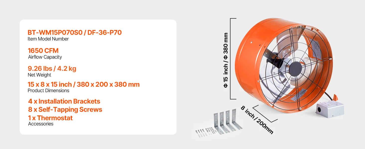 SucceBuy Gable Mount Fan 15 Inch Exhaust Fan w/ Thermostat & Mesh 1650 CFM Cools Up to 2360 Sq.Ft Ventilation to Garage & Orange