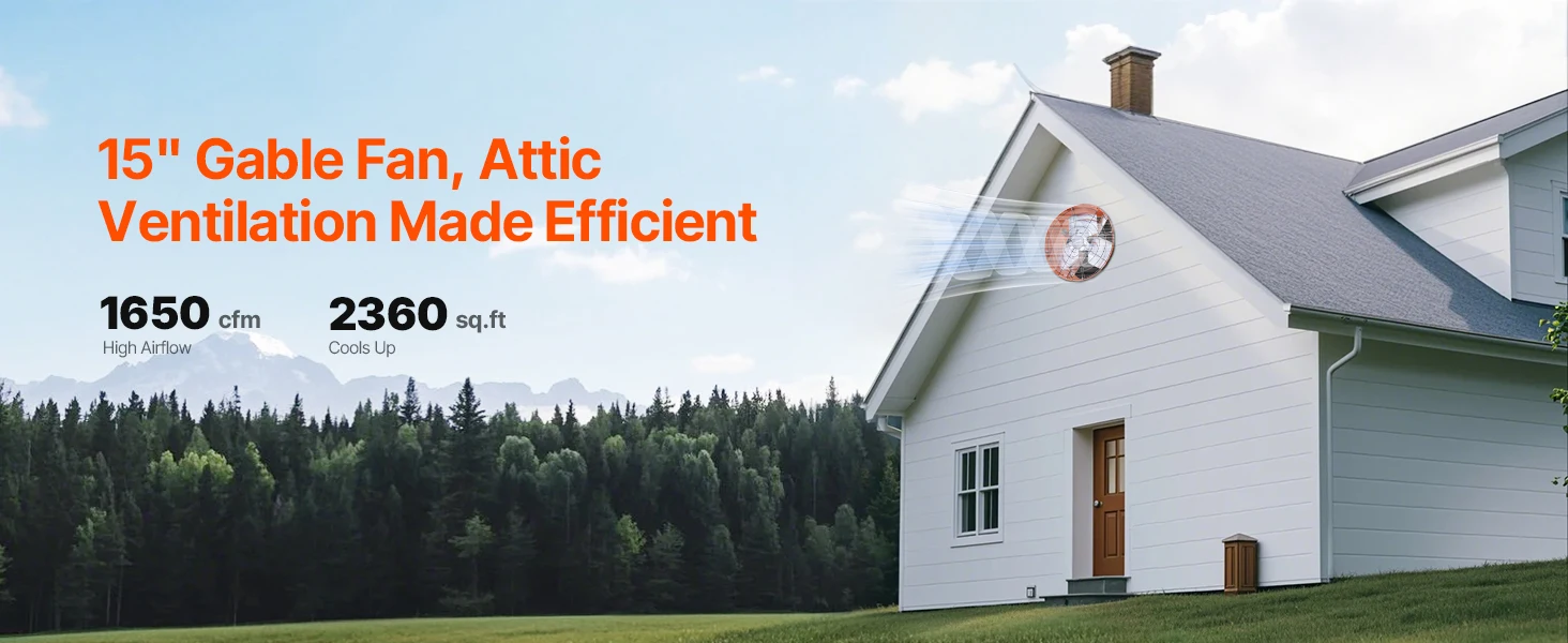 SucceBuy Gable Mount Fan 15 Inch Exhaust Fan w/ Thermostat & Mesh 1650 CFM Cools Up to 2360 Sq.Ft Ventilation to Garage & Orange
