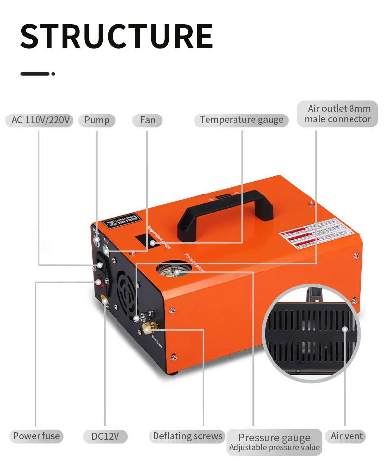 4500psi 300Bar 220V PCP Air Compressor 300barPneumatic Rifles High Pressure 12V Vehicle Mounted Pump 30MPA Scuba Diving Shooting