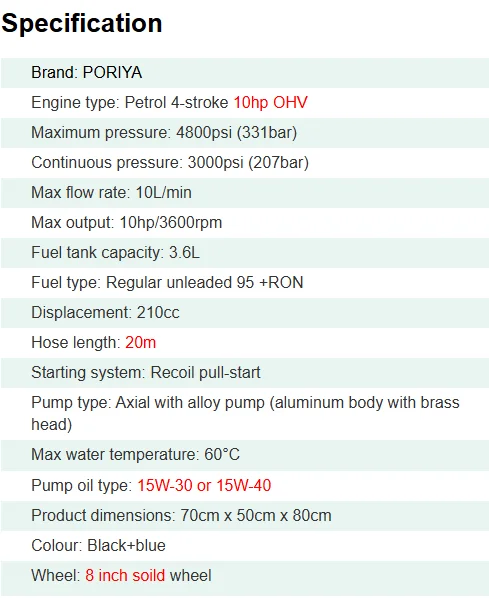 PORIYA 4800 Psi High Pressure Water Cleaner Electric Washer Gurney 10Hp Petrol 20M Hose