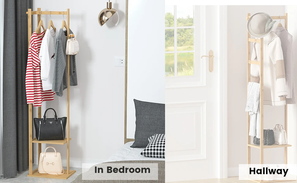 Space-Saving Bamboo Corner Coat Rack | clothes rack|hangers，with Storage Shelf & Hooks for Hallway, Bedroom Clothes Organization