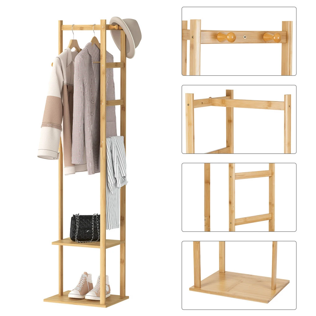 Space-Saving Bamboo Corner Coat Rack | clothes rack|hangers，with Storage Shelf & Hooks for Hallway, Bedroom Clothes Organization