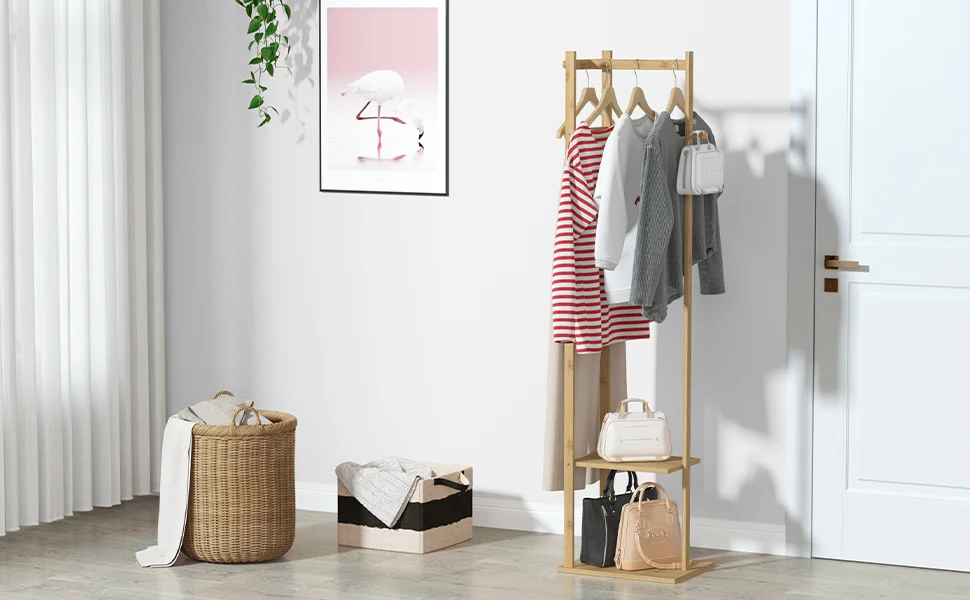 Space-Saving Bamboo Corner Coat Rack | clothes rack|hangers，with Storage Shelf & Hooks for Hallway, Bedroom Clothes Organization