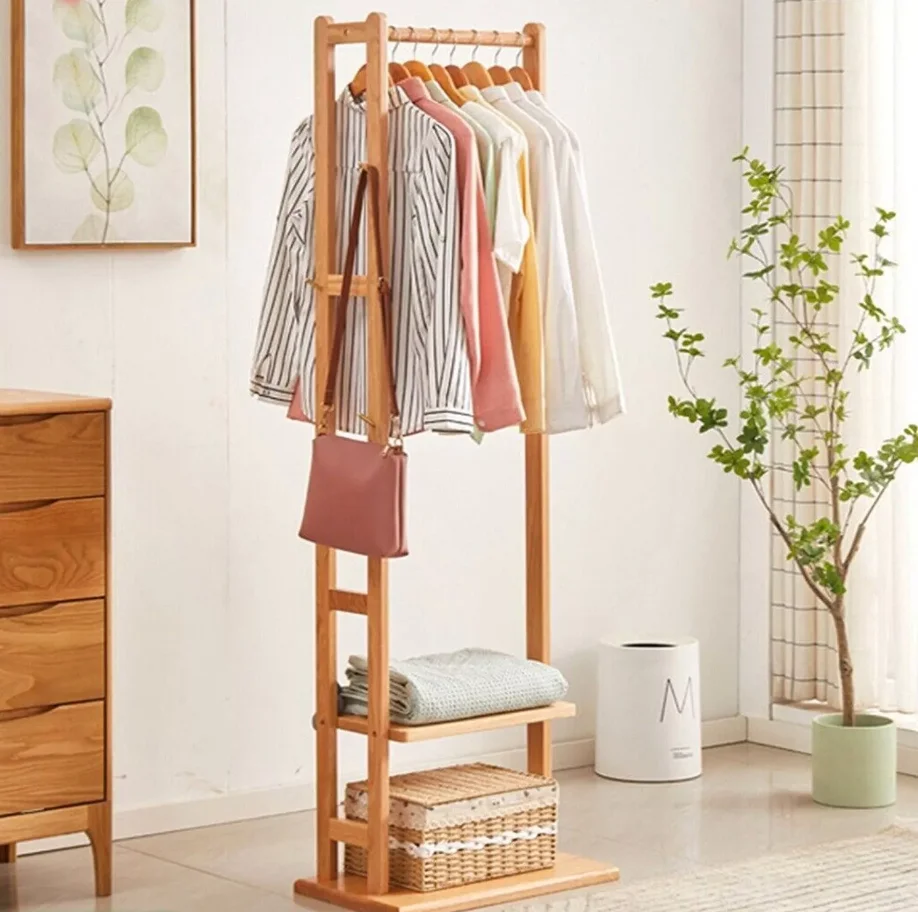 Space-Saving Bamboo Corner Coat Rack | clothes rack|hangers，with Storage Shelf & Hooks for Hallway, Bedroom Clothes Organization