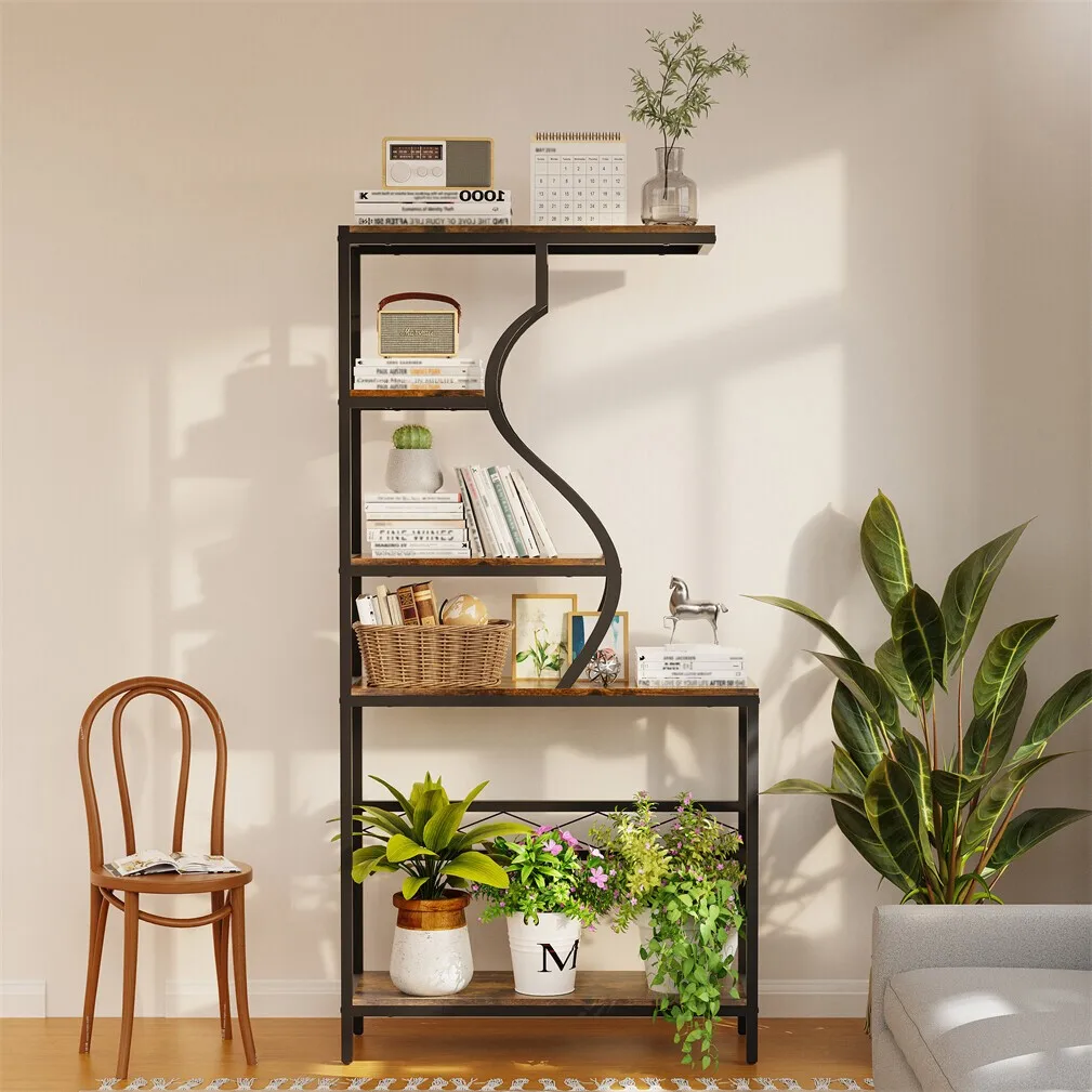 Industrial Vintage 5-Tier Plant Stand, Vertical Flower Shelf with MDF Boards & Metal Frame for Indoor Outdoor Home Decor