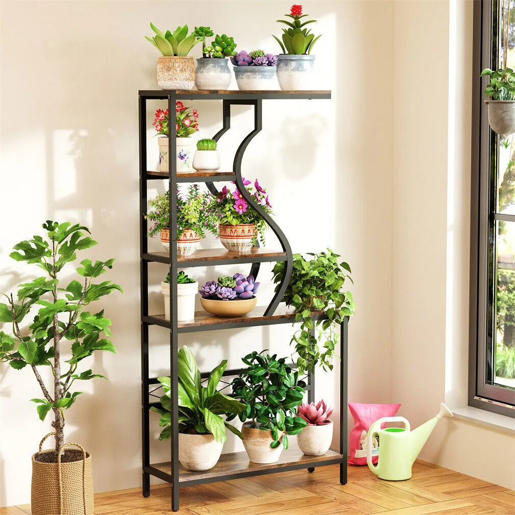 Industrial Vintage 5-Tier Plant Stand, Vertical Flower Shelf with MDF Boards & Metal Frame for Indoor Outdoor Home Decor