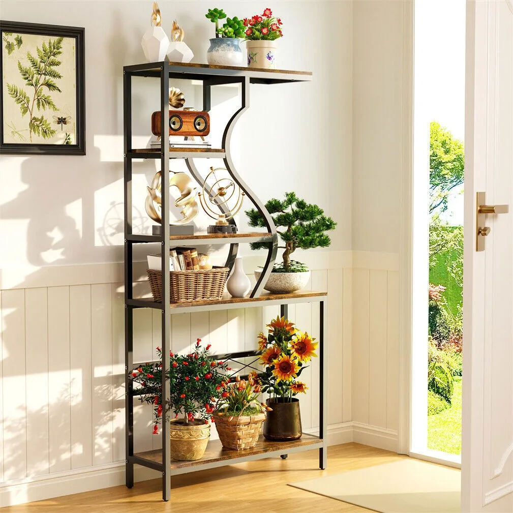 Industrial Vintage 5-Tier Plant Stand, Vertical Flower Shelf with MDF Boards & Metal Frame for Indoor Outdoor Home Decor