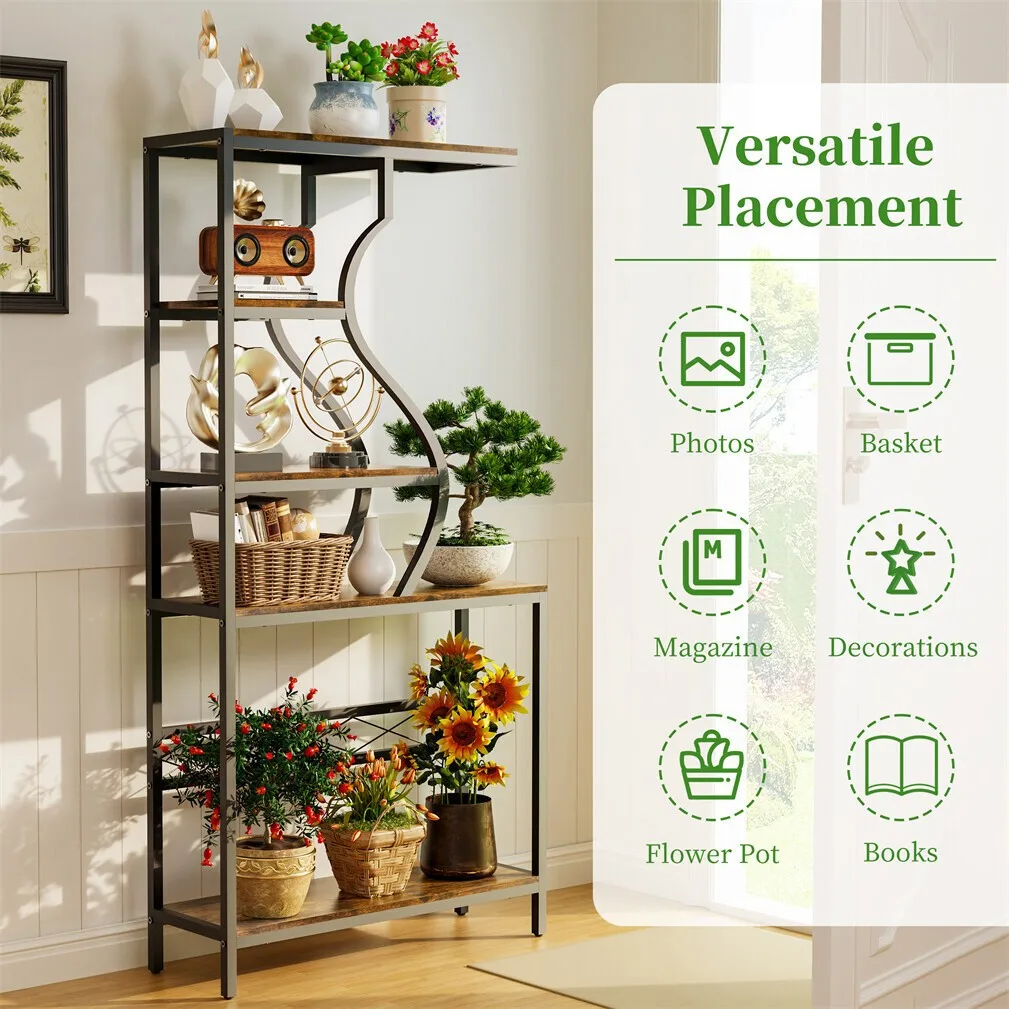 Industrial Vintage 5-Tier Plant Stand, Vertical Flower Shelf with MDF Boards & Metal Frame for Indoor Outdoor Home Decor
