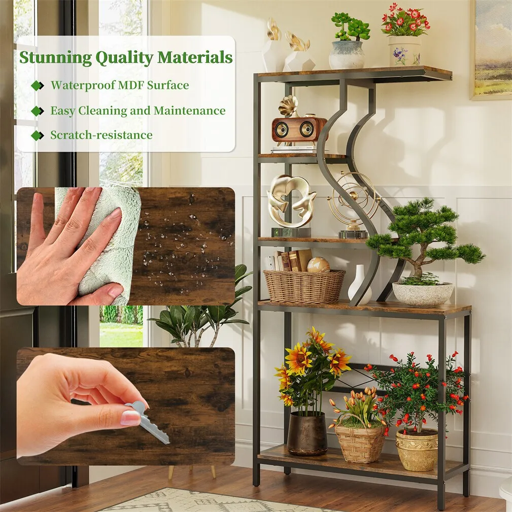 Industrial Vintage 5-Tier Plant Stand, Vertical Flower Shelf with MDF Boards & Metal Frame for Indoor Outdoor Home Decor