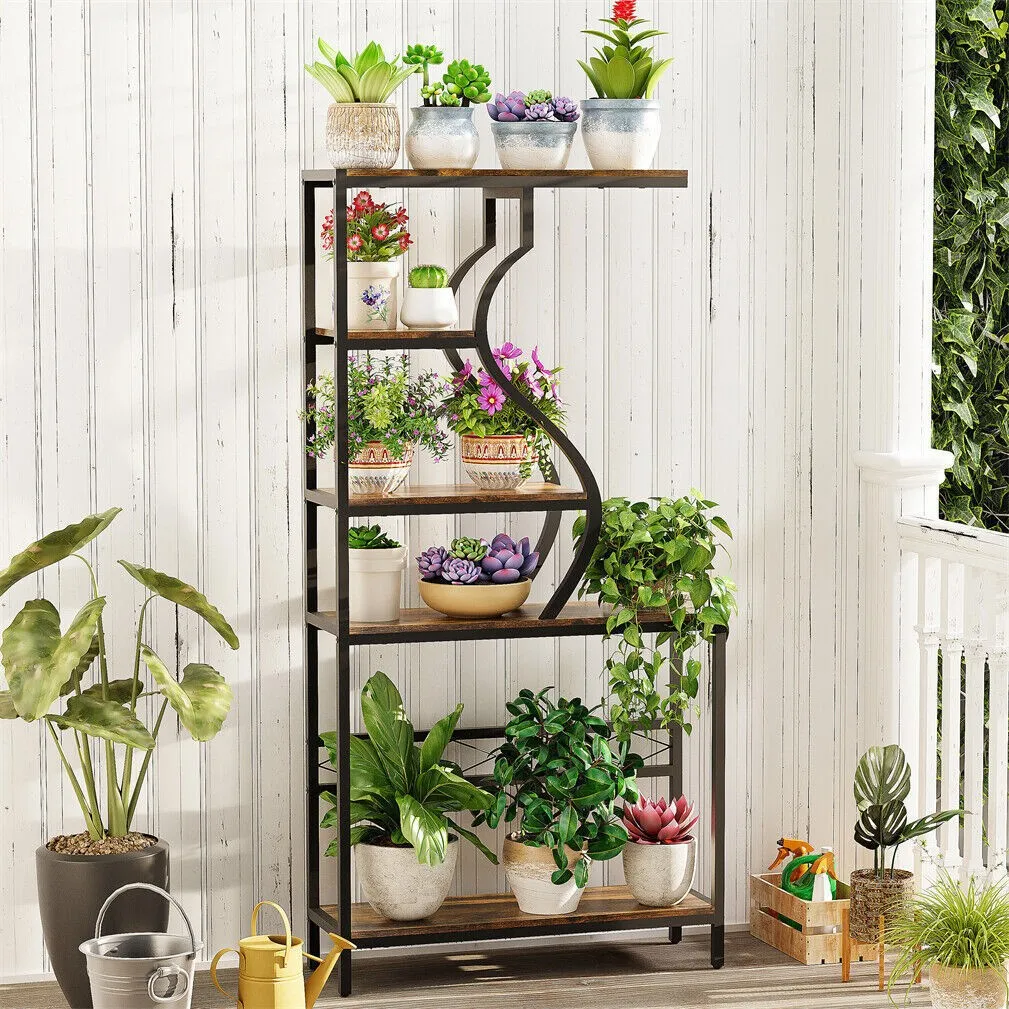 Industrial Vintage 5-Tier Plant Stand, Vertical Flower Shelf with MDF Boards & Metal Frame for Indoor Outdoor Home Decor