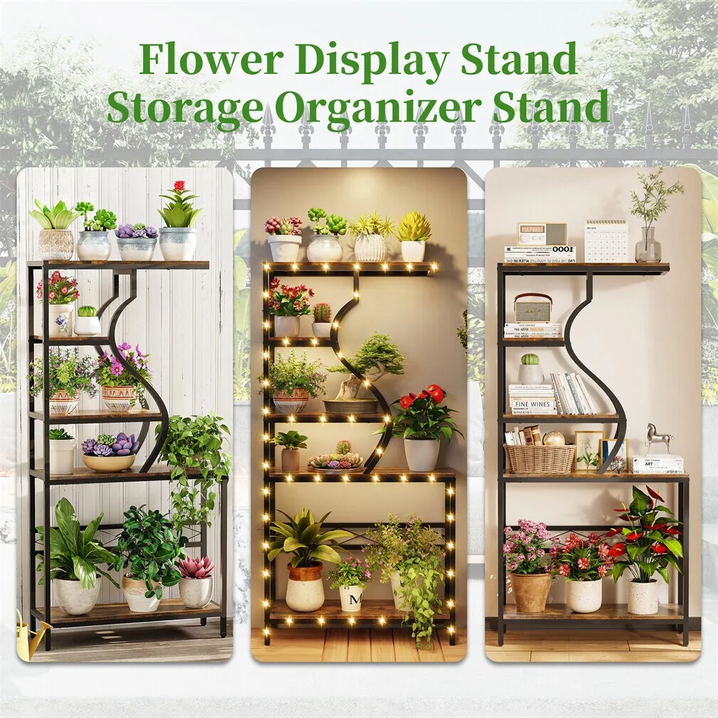 Industrial Vintage 5-Tier Plant Stand, Vertical Flower Shelf with MDF Boards & Metal Frame for Indoor Outdoor Home Decor