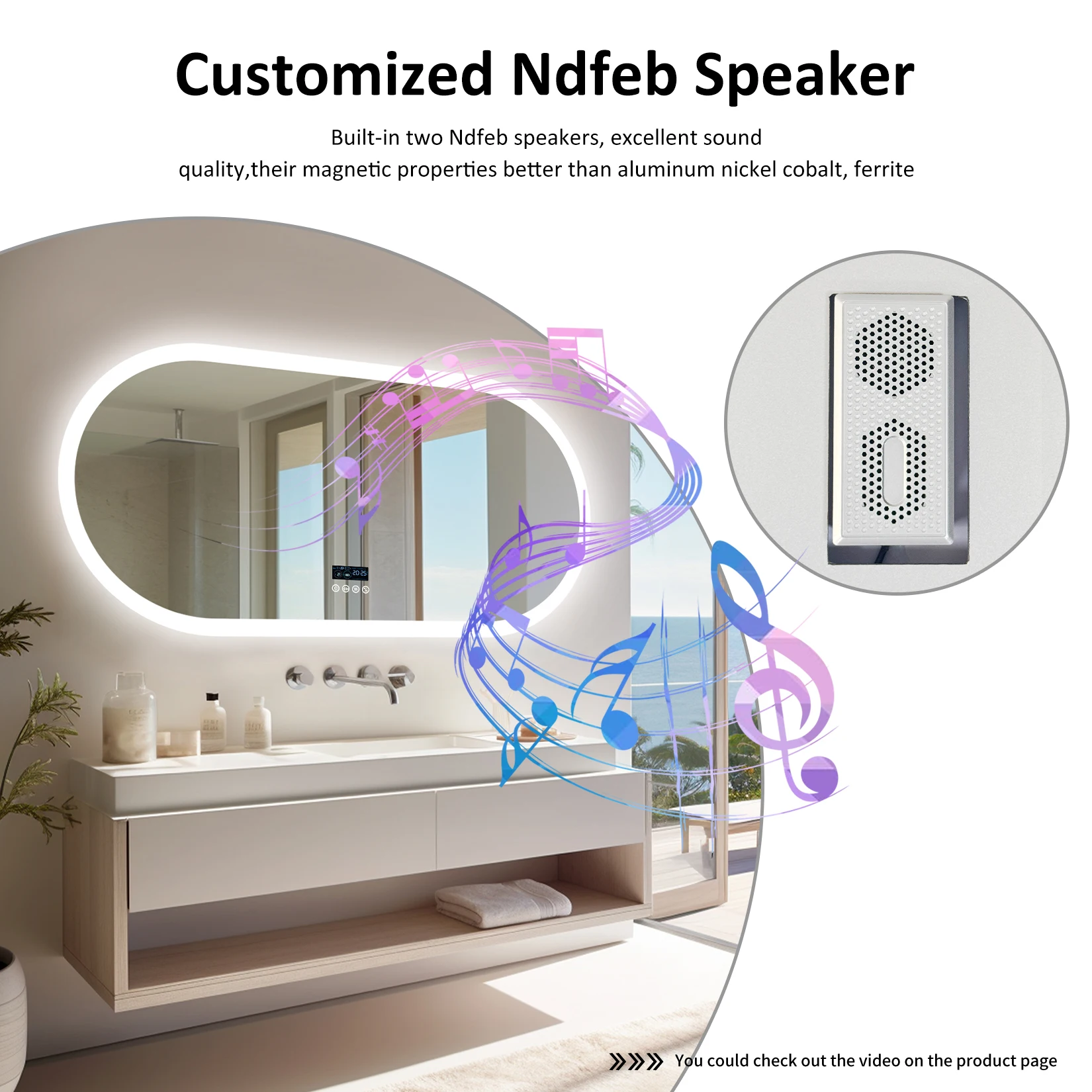 Oval LED Bathroom Mirror with Lights, Anti-Fog, Bluetooth Speaker, 3 Colors Temperature Dimmable Lighted Mirrors Waterproof