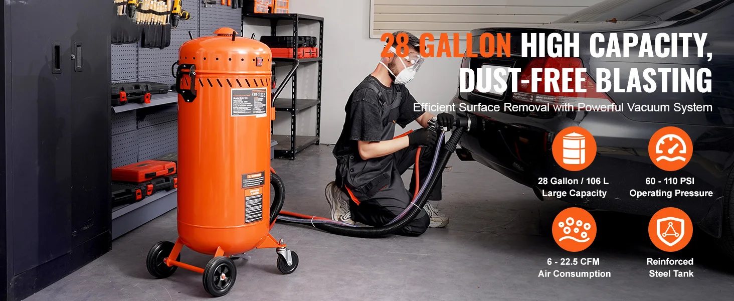 SucceBuy 28 Gallon Vacuum Sand Blaster Dustless with Built-in 1200 W Vacuum System for Dust Control Abrasive Recycle 60-110 PSI