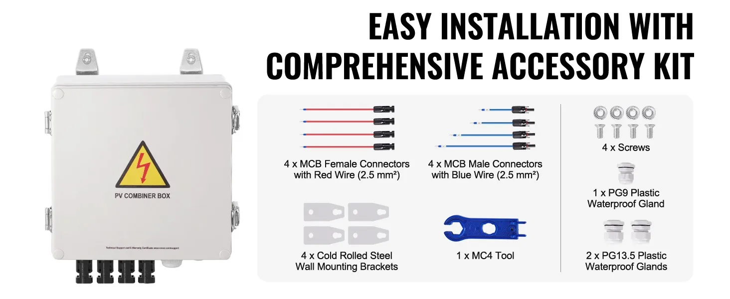 SucceBuy PV Combiner Box 4 String / 6 String Solar Combiner Box 10A / 15A Rated Current Fuse to On/Off Grid Solar Panel System
