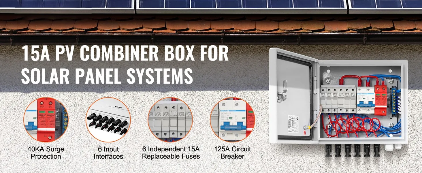 SucceBuy PV Combiner Box 4 String / 6 String Solar Combiner Box 10A / 15A Rated Current Fuse to On/Off Grid Solar Panel System
