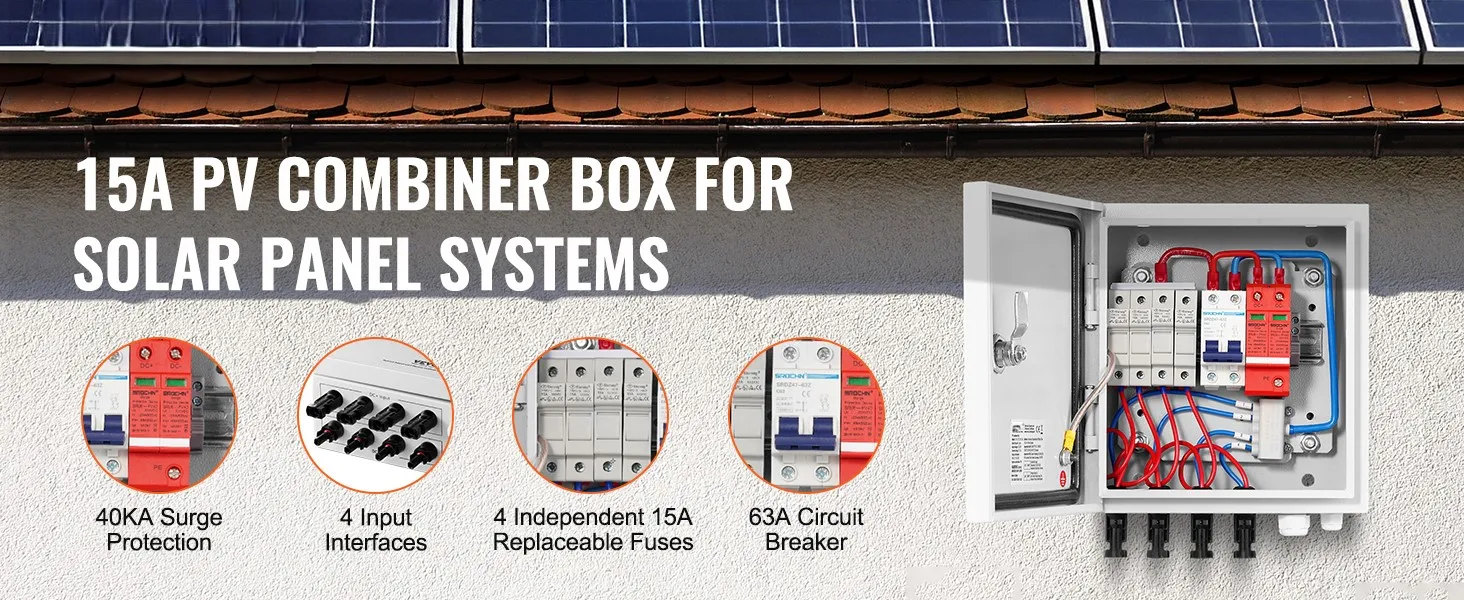 SucceBuy PV Combiner Box 4 String / 6 String Solar Combiner Box 10A / 15A Rated Current Fuse to On/Off Grid Solar Panel System