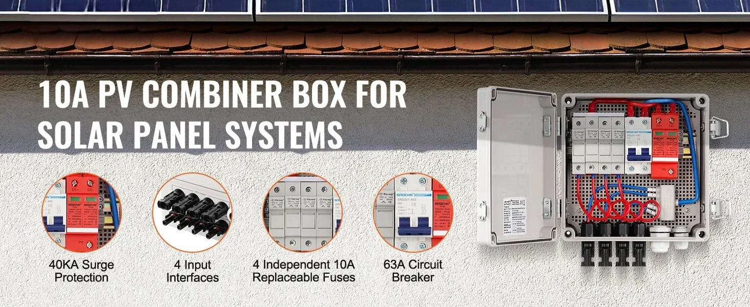 SucceBuy PV Combiner Box 4 String / 6 String Solar Combiner Box 10A / 15A Rated Current Fuse to On/Off Grid Solar Panel System