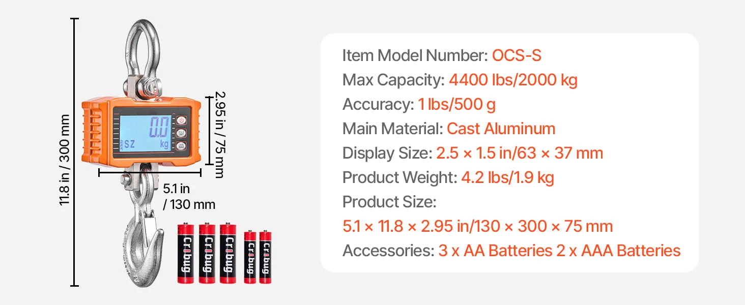 SucceBuy 1000kg/2000kg Digital Hanging Scale Portable with Remote Control Factory Crane Scale LCD Backlight Industrial Scales