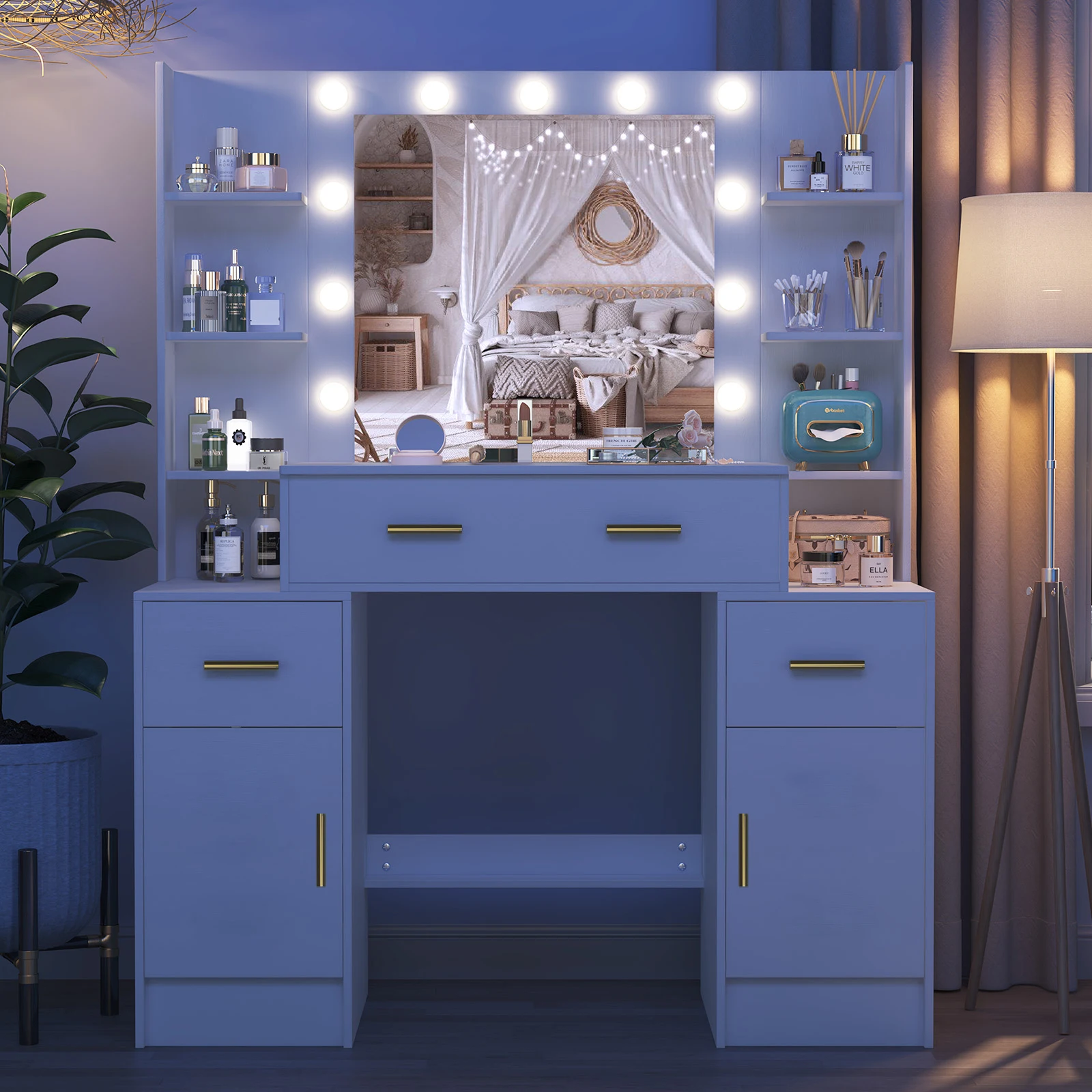 Teousev White Modern Dressing Table Makeup Vanity Dresser with Mirror 4 Drawers Storage Organizer Home Bedroom Vanity Desk