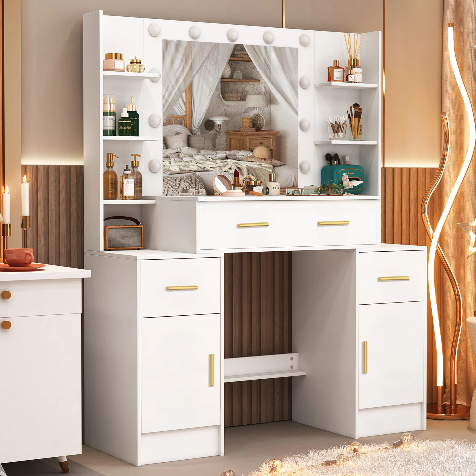 Teousev White Modern Dressing Table Makeup Vanity Dresser with Mirror 4 Drawers Storage Organizer Home Bedroom Vanity Desk